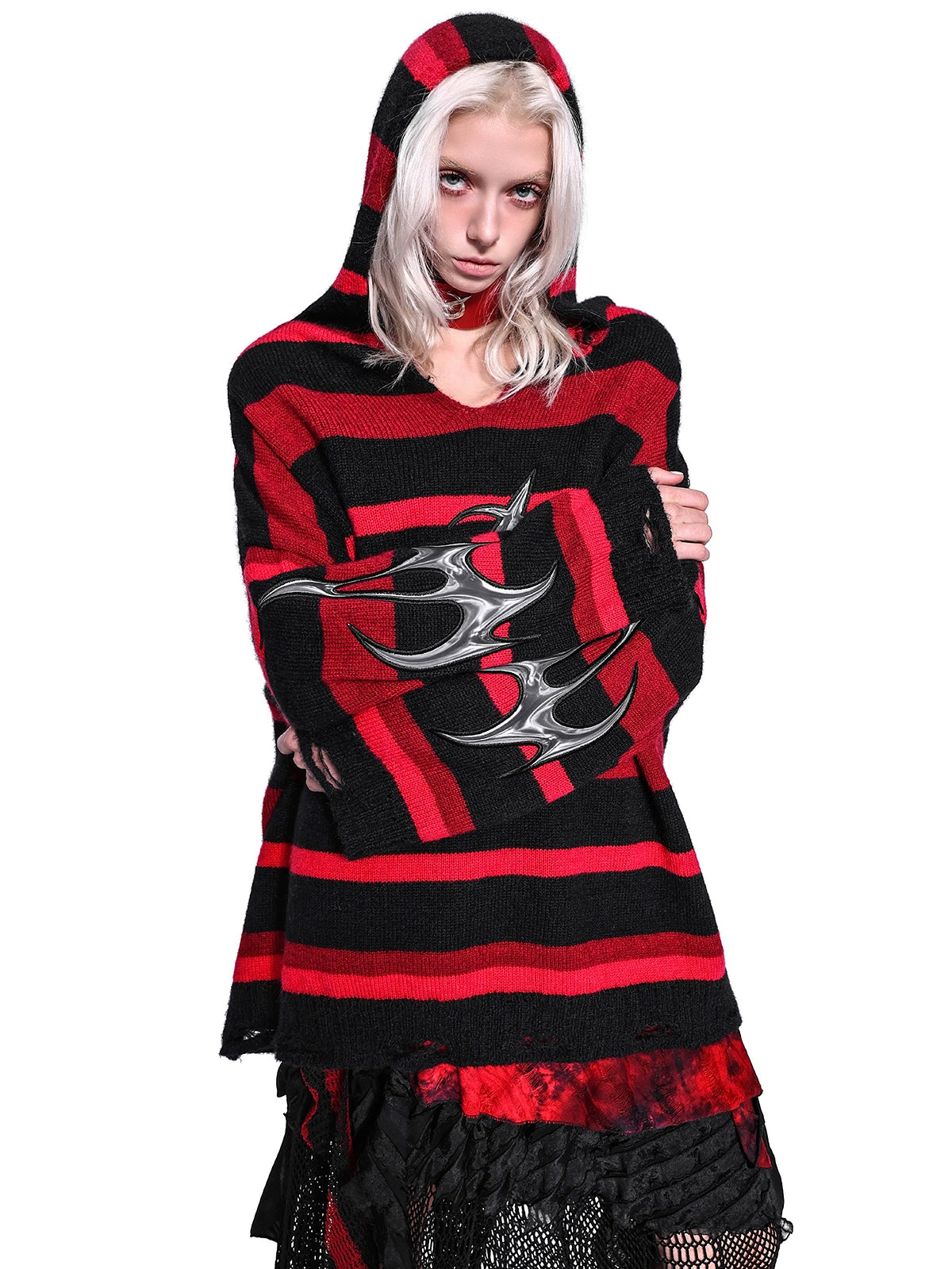 Red & Black Striped V-Neck Ripped Embroidered Y2K Punk Sweater