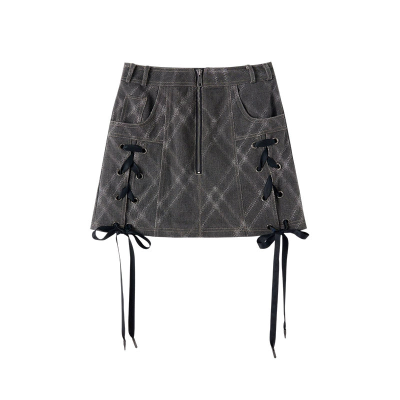 Plaid Denim Strap Half Skirt