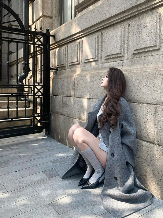 Grey Double-Faced Cashmere Coat – Luxury Mid-Length Stand Collar Jacket