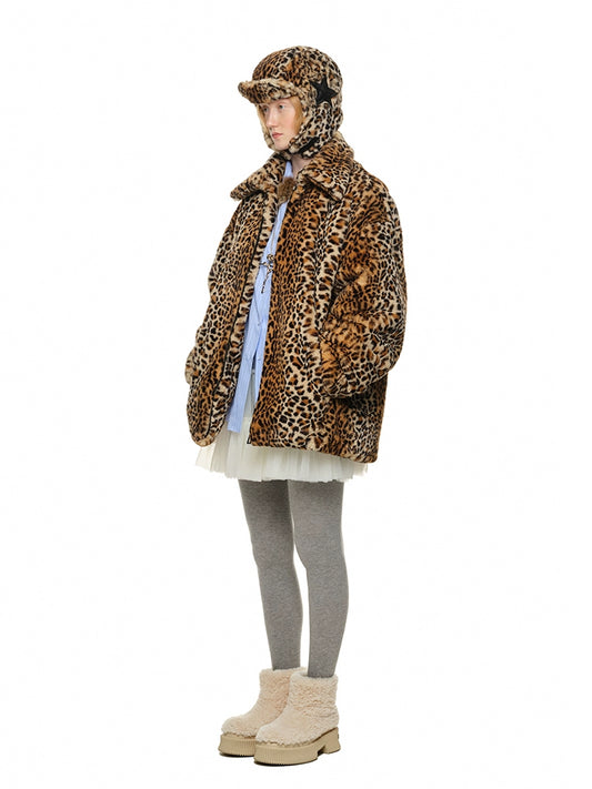 Vintage Leopard Print Faux Fur Jacket – Eco-Friendly Rabbit Fur Midi Coat