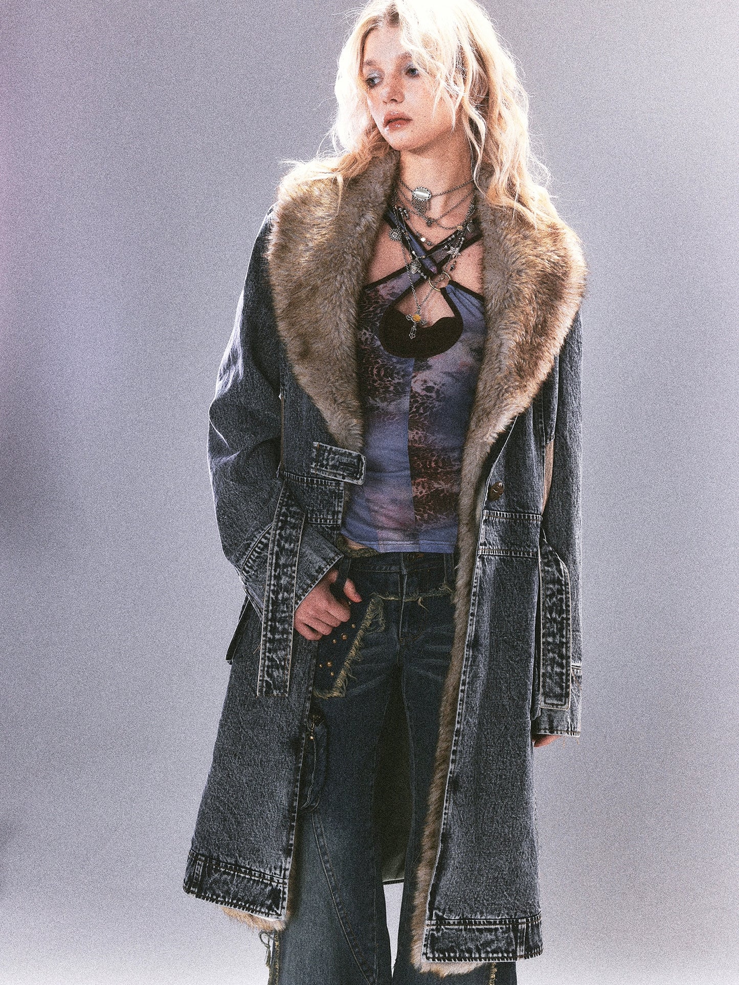 Vintage Denim Coat with Detachable Fleece Collar