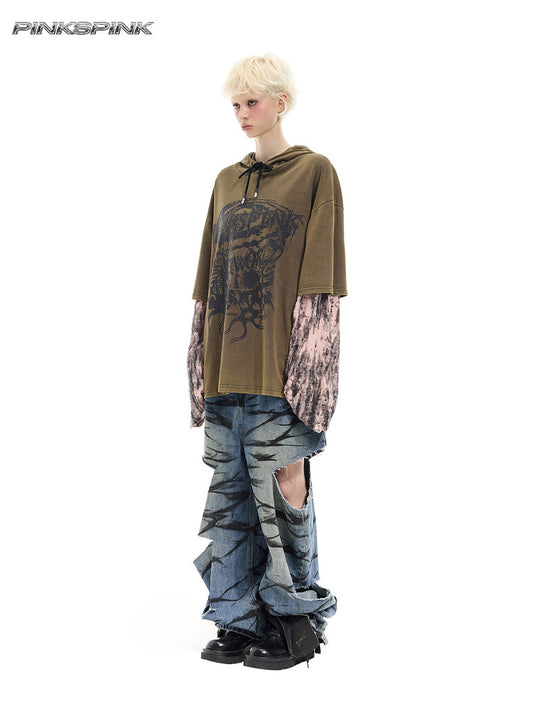 Distressed Washed Two-Piece Layered Unisex Y2K Tee