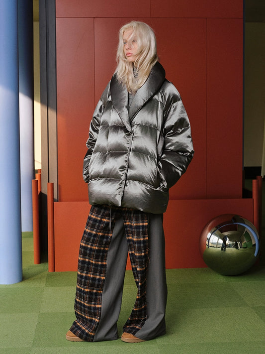 Silver Satin Down Jacket – 90% White Duck Down Thick Winter Puffer for Women