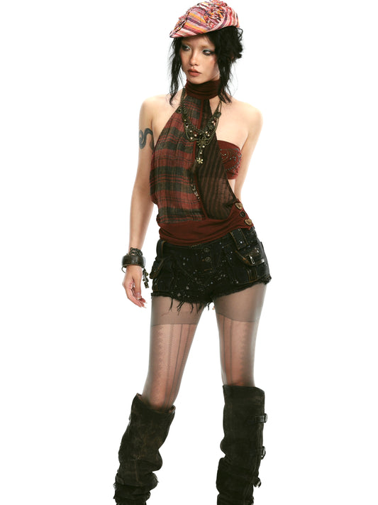 Shorts in denim lavato con bordo in pelle