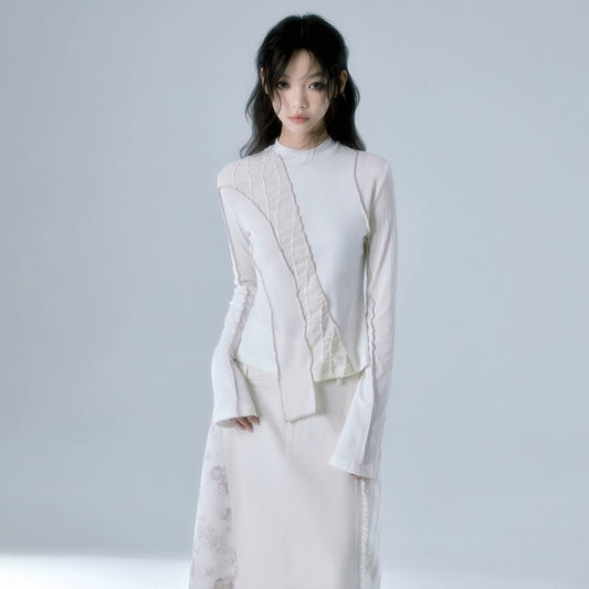 White Moon Mountain Tea Splicing Slim Fit Knitted Shirt