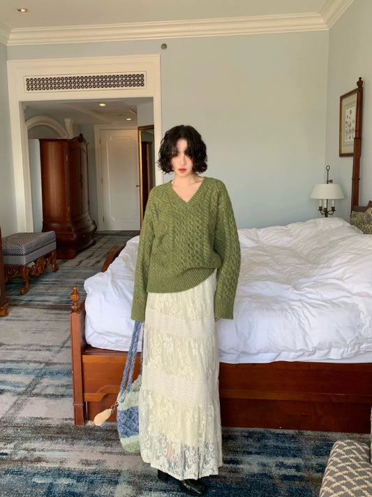 Soft V-Neck Pullover Knit Sweater with a Twist Design