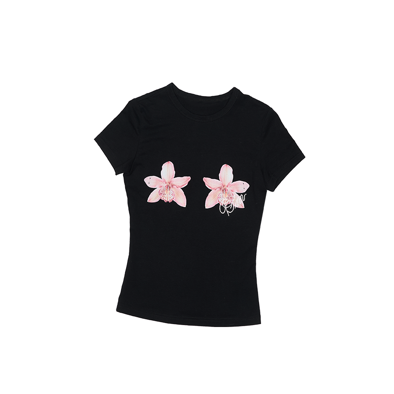 Floral Rhinestone Short Sleeve T-Shirt – Slim Stretch Shoulder Fit