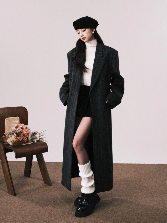 Dark Grey Vertical Stripe Double-Breasted Long Wool Coat