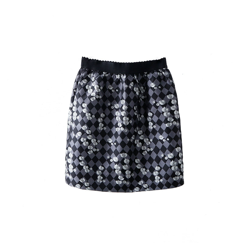 Original Design Tile Black Grey Checked Tulip Jacquard Elastic Waist A-line Short Skirt Half length Skirt