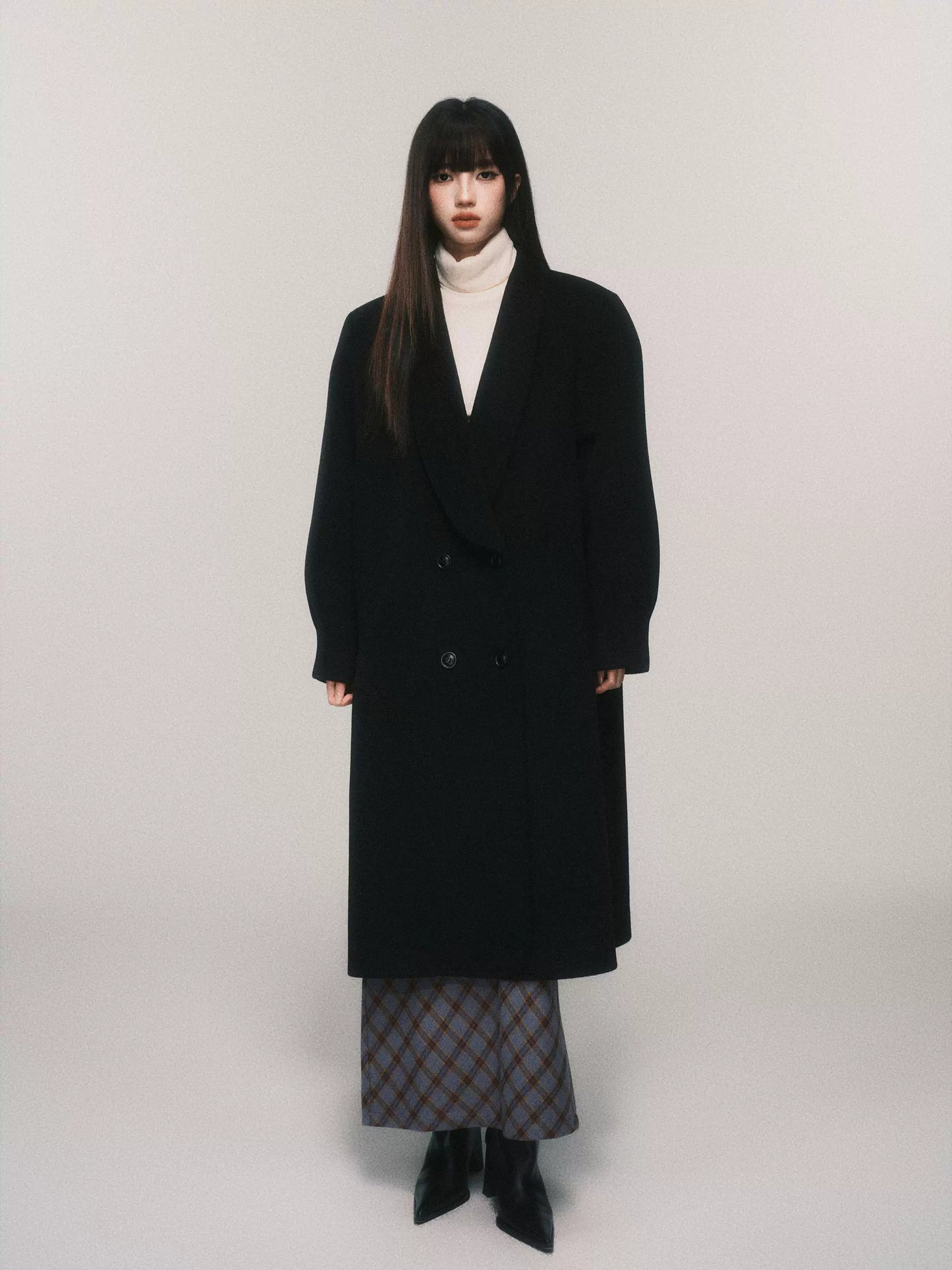 Vintage Black Shawl Collar Loose Wool Coat Jacket (Long Style)