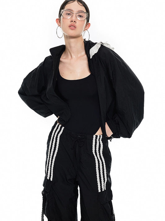 Lace Patchwork Hoodie Jacket – Athleisure Short Outerwear