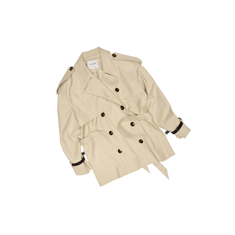 Vintage Double-Breasted Midi Trench Coat with Lace-Up Waist and Oversized Lapel