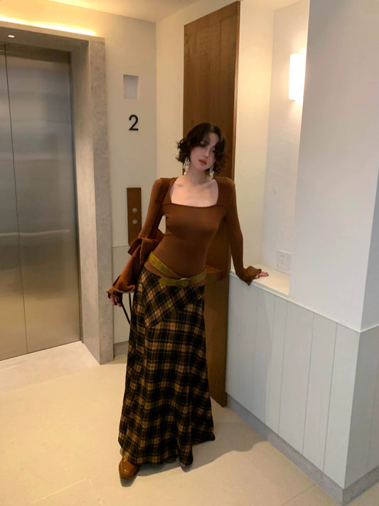 Nordic Plaid Wool-Blend Long Skirt – Hong Kong Retro Autumn/Winter
