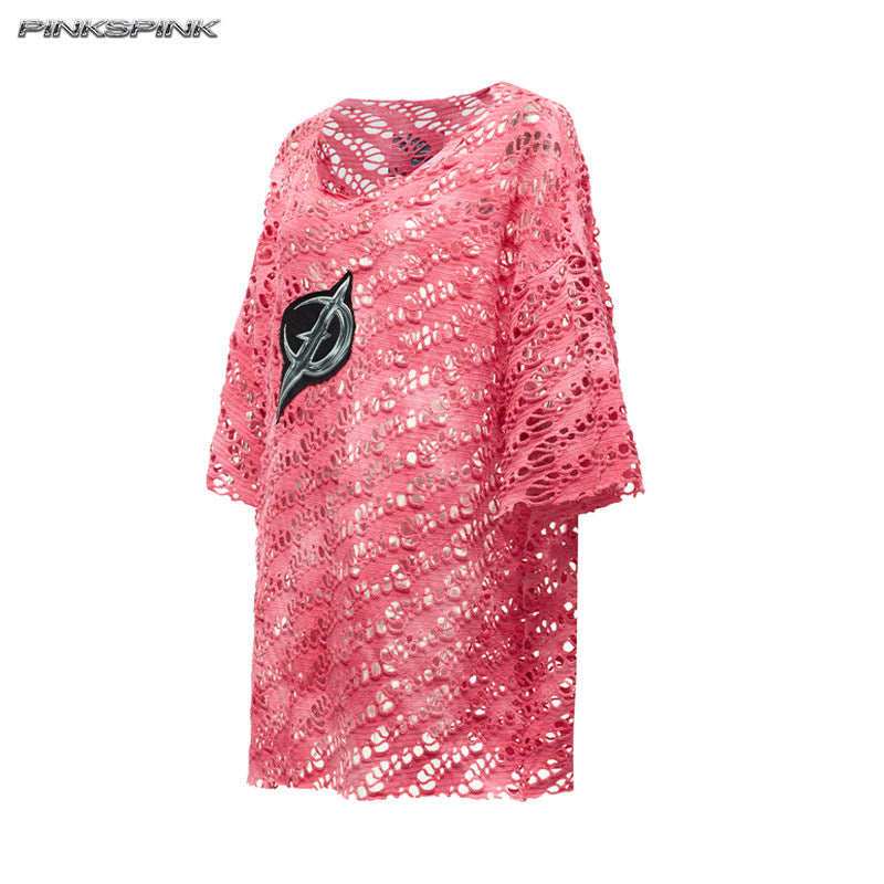 Electric Moon Gradient Patchwork Perforated Y2K Punk Tee