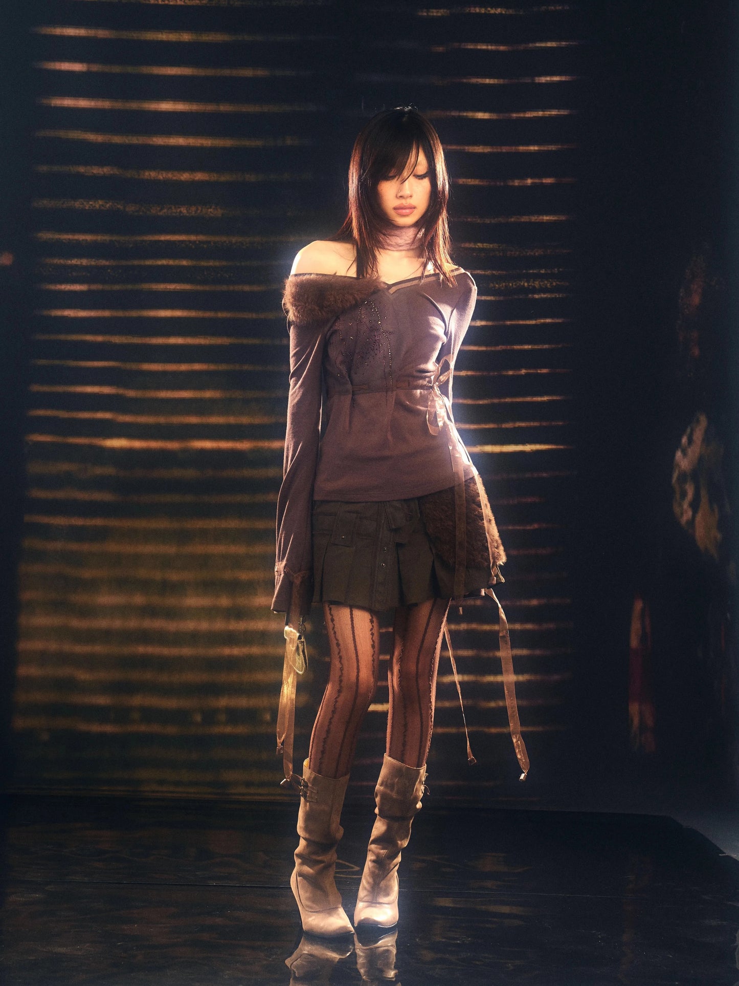 Fur-Collar Knit Long Sleeve Top – Soft Slim Style