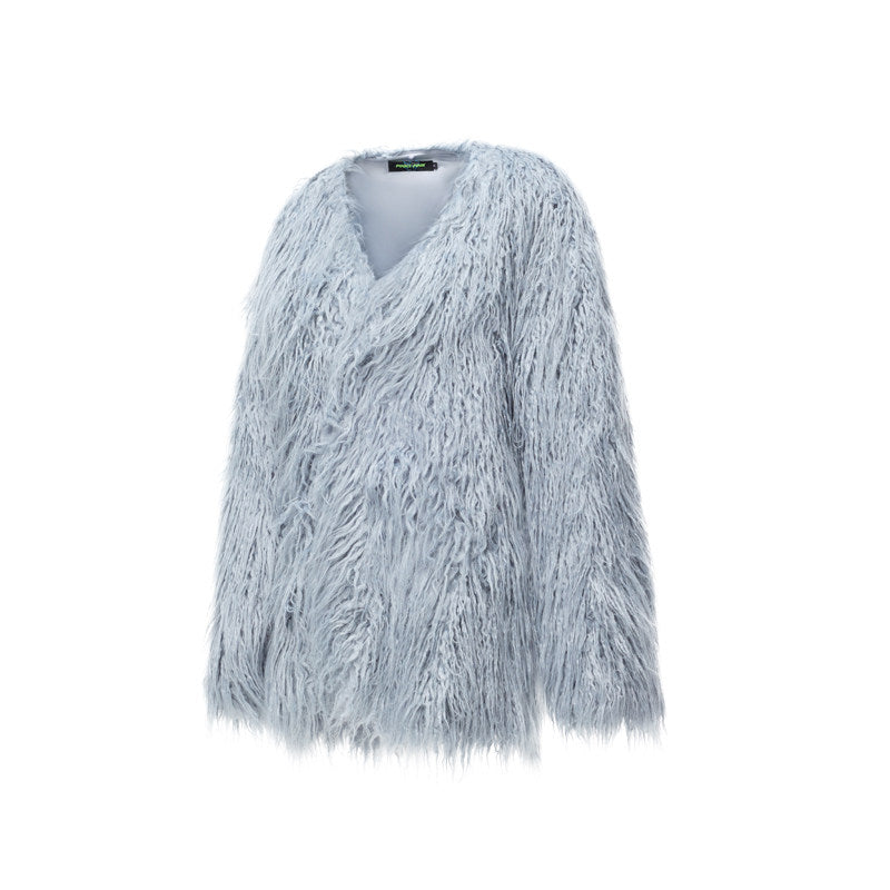 Light Blue Sheepskin V-Neck Oversized Y2K Coat