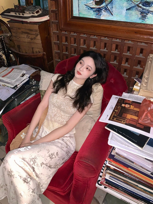 Top de manga corta de encaje retro francés