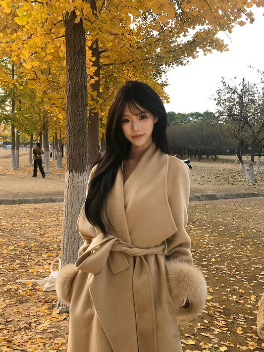 Golden Double-Faced Cashmere Coat – Winter Fox Fur Cuff Woolen Jacket