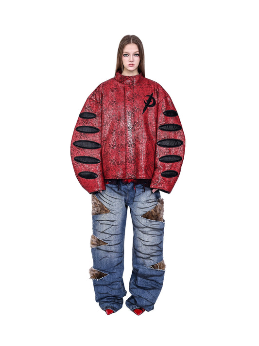 Red & Black Cracked Leather Loose Street Y2K Biker Jacket