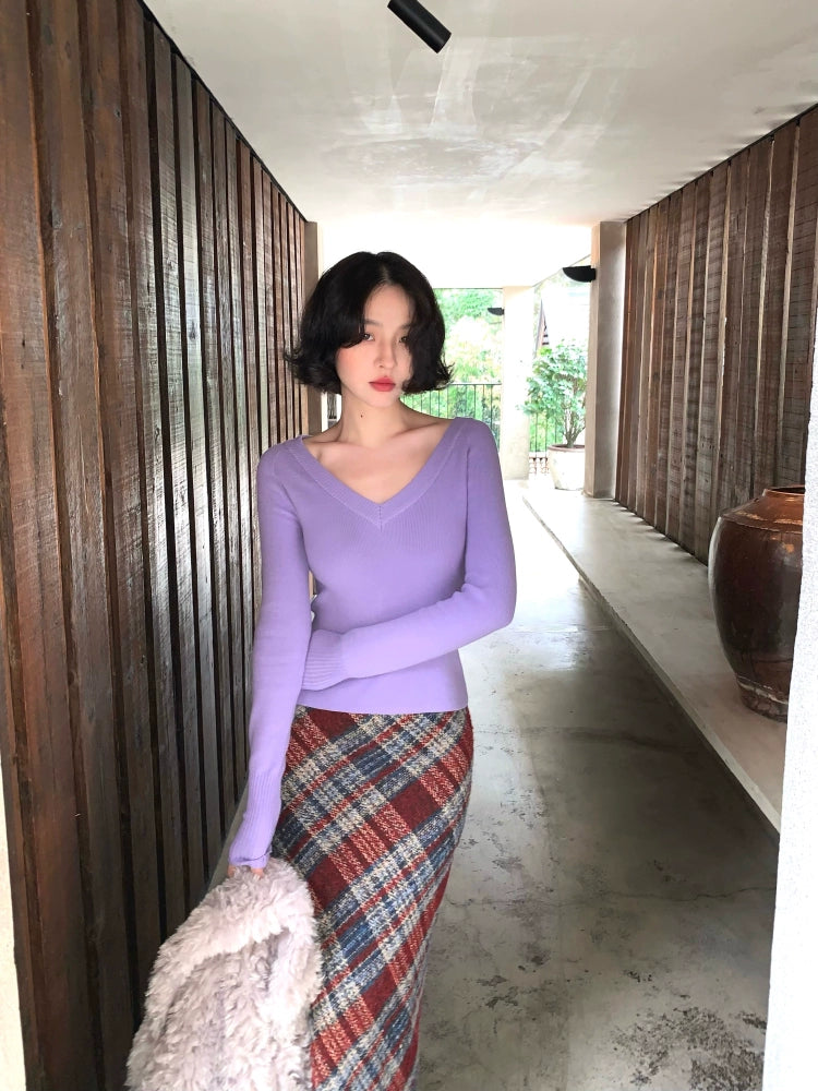 Toffee Frosting Vintage V-Neck Cropped Knit Base Shirt – Warm Layers