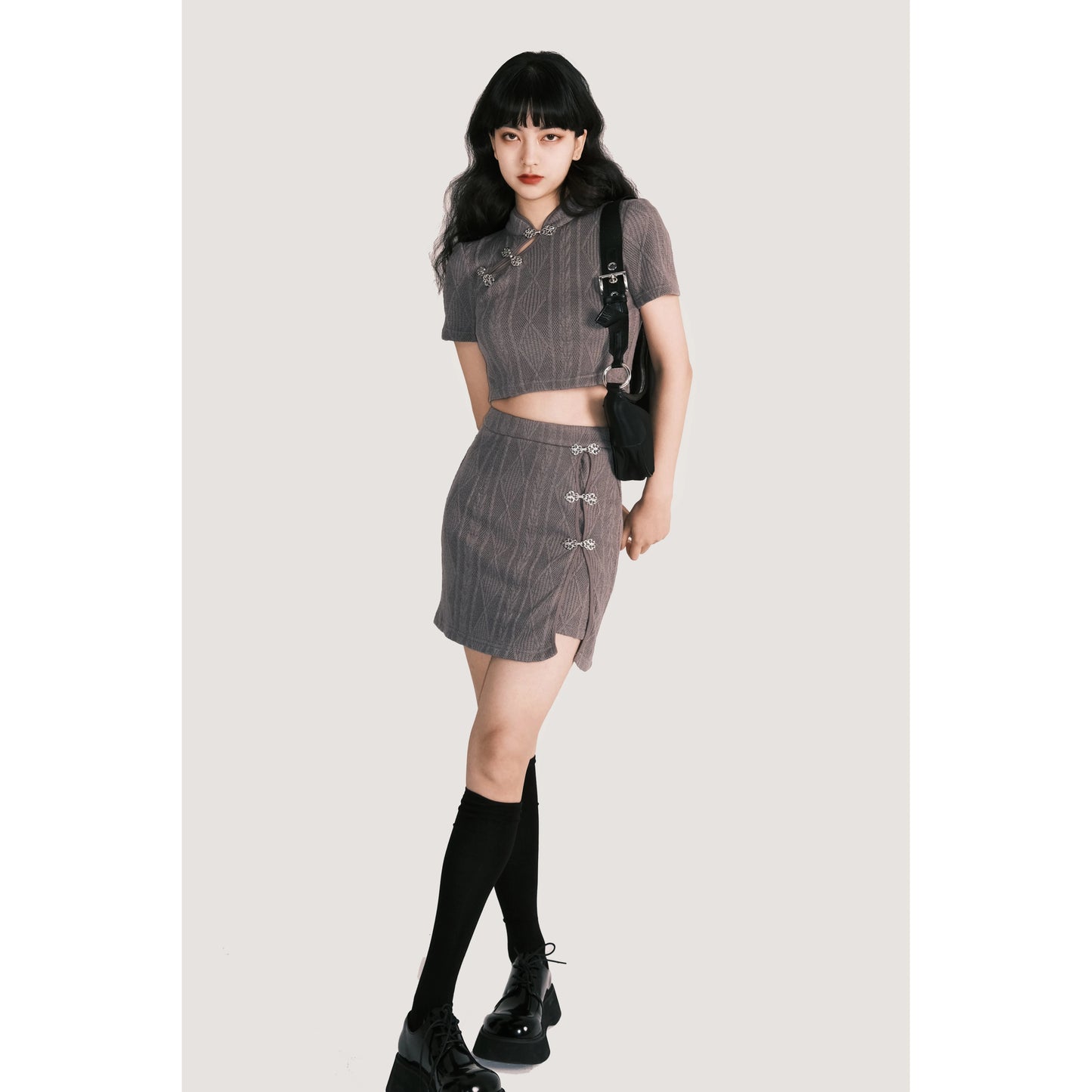 Summer Qipao Two-Piece Set - Knit & Metallic Buckle