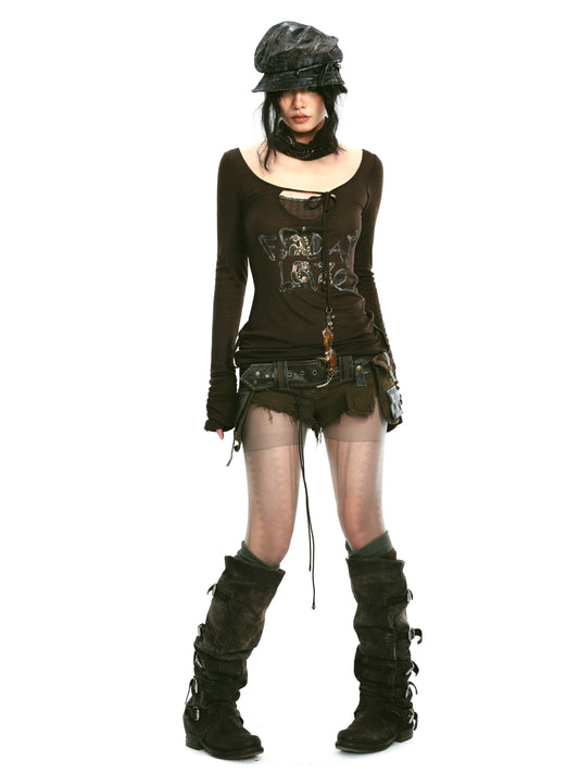 Pantaloncini con bordo in peluche a vita bassa con cintura