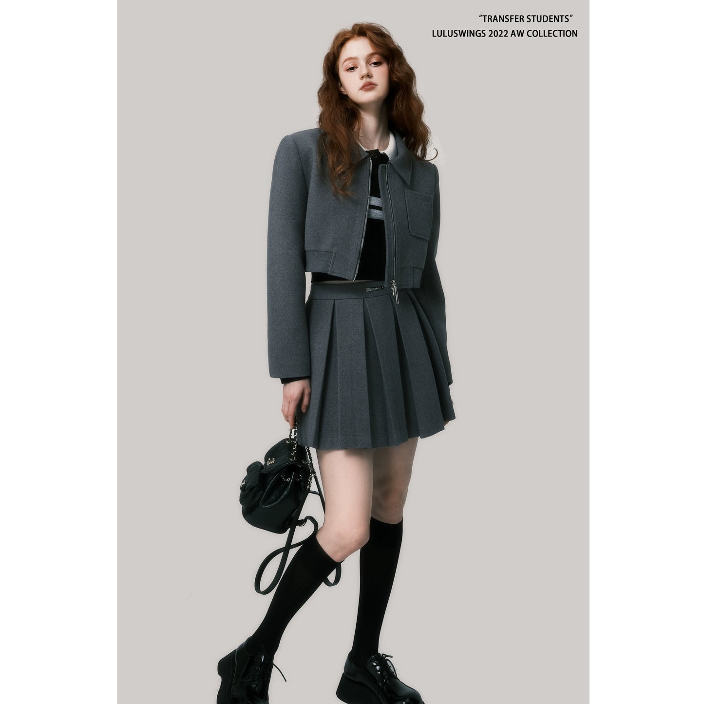 Woolen Jacket and Pleated Skirt Set - Grey Minimalist