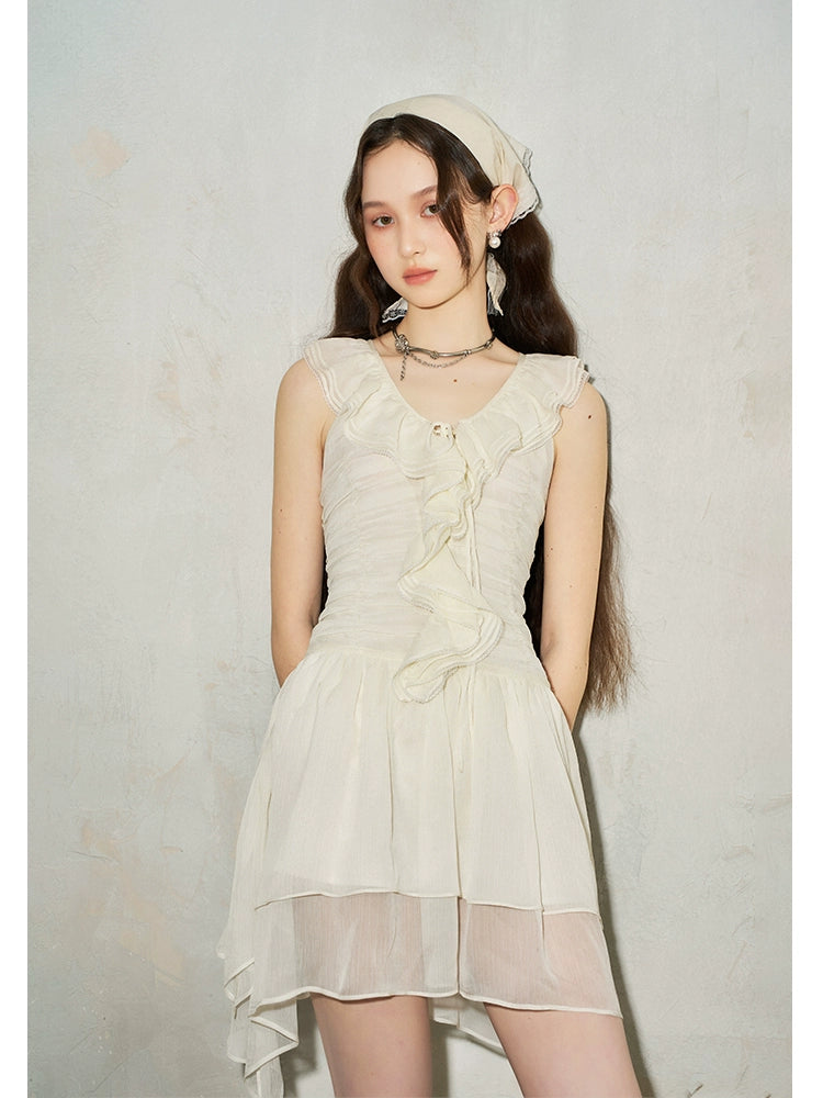 Pleated lace patchwork V-neck dress | Elegant lace design V-neck dress   Serendute