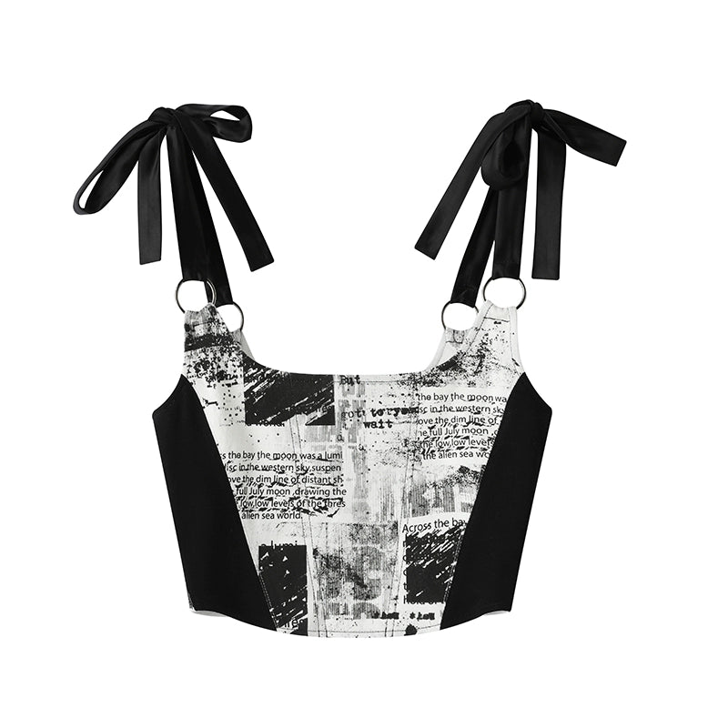 레트로 신문 인쇄 슬림 한 핏 탱크 탑