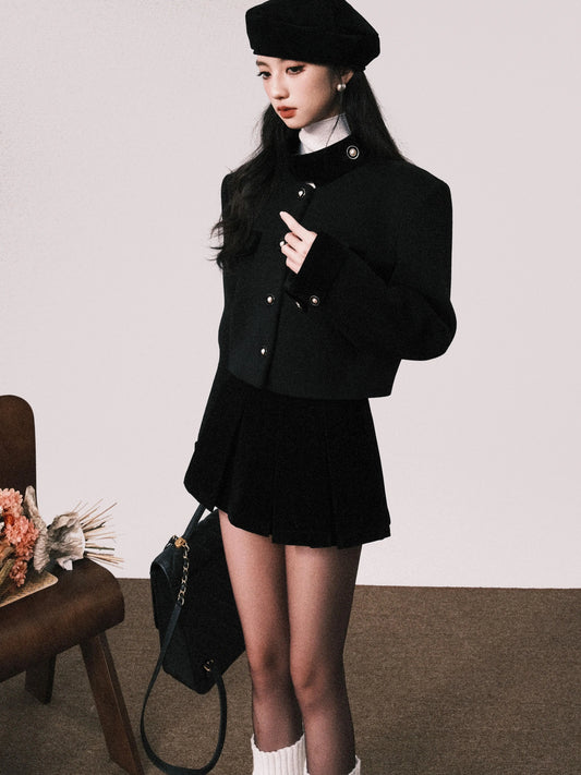 Black Velvet Panelled Wool Short Jacket with Painterly Details