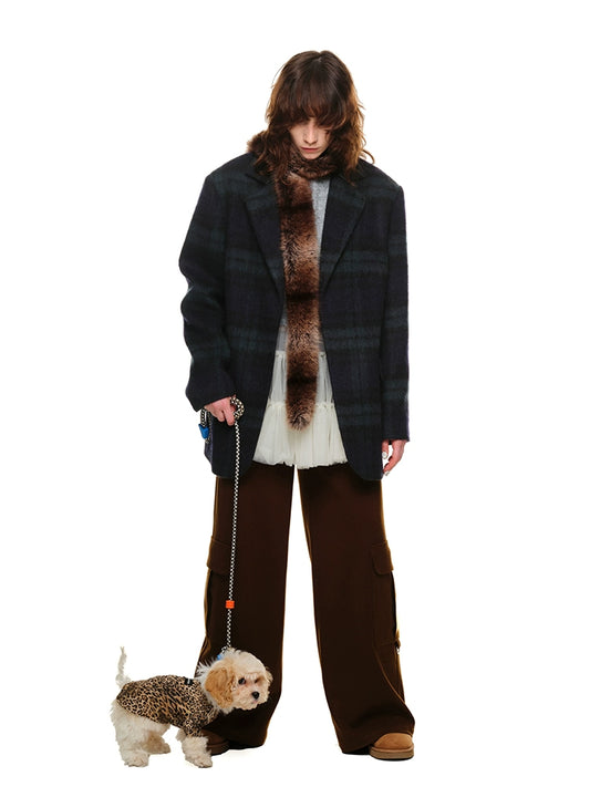 Vintage Dark Green Checked Oversized Wool Blazer – High-End Silhouette