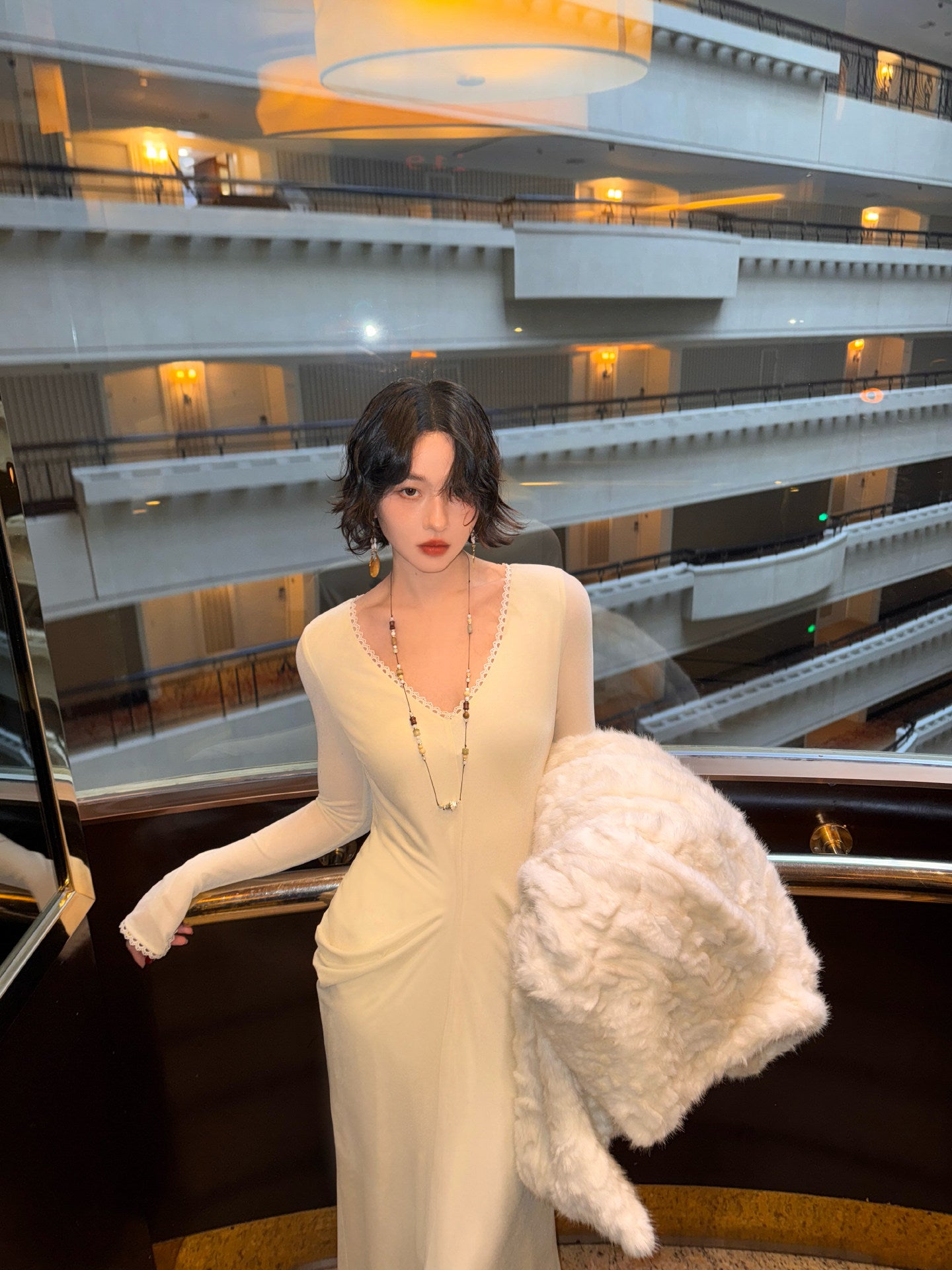 light knit dress Moon White Waist-Tucked | Women's Flattering Long Dress Size:XS (Maltese/Pomeranian/Yorkshire Terrier) Women V Neck Green model-family--evo sport Great for any cup