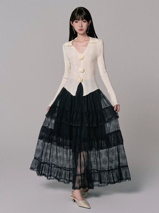 Dark Lace Cake Skirt with High-Waist Design (Niche Style)