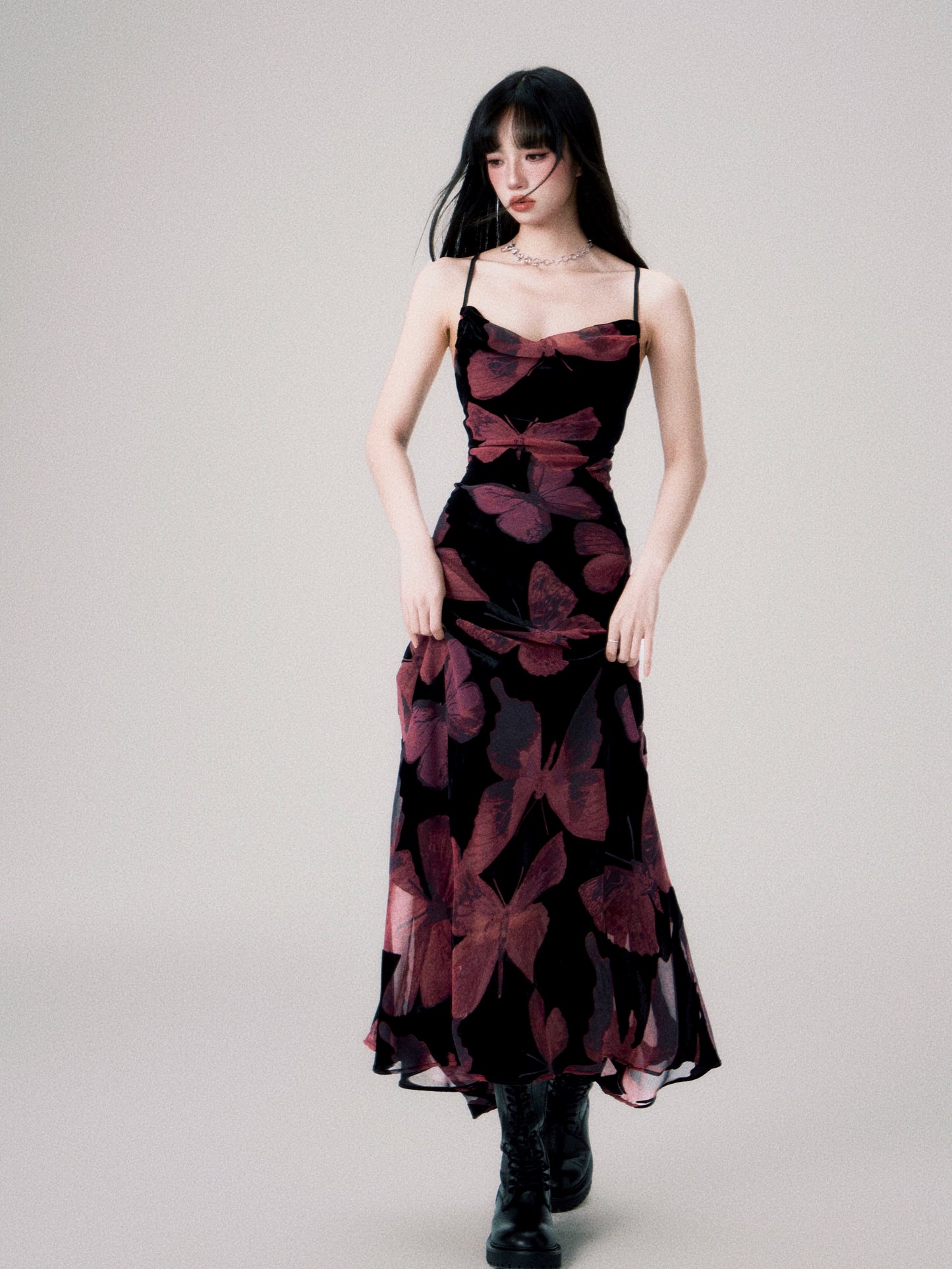 Chinese Velvet Butterfly Dress - Lace-Up Back