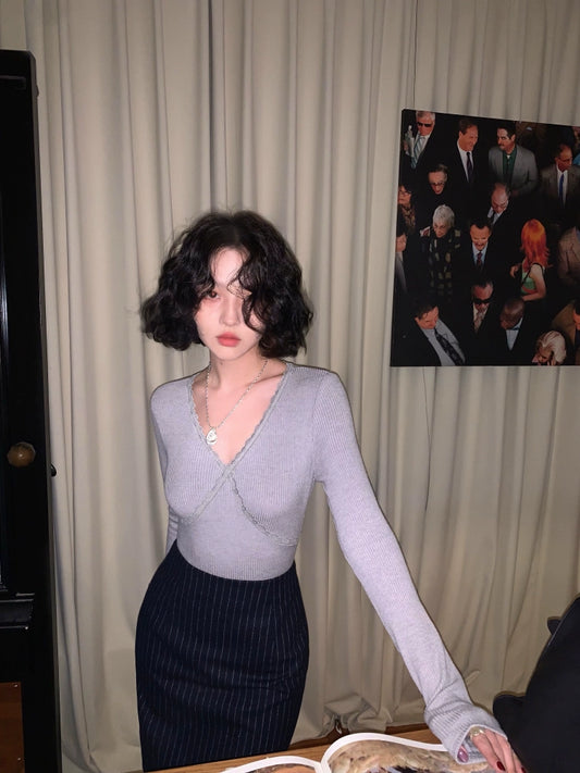 Lace-Edge V-Neck Knit Top – Qu Man Sexy Winter Style