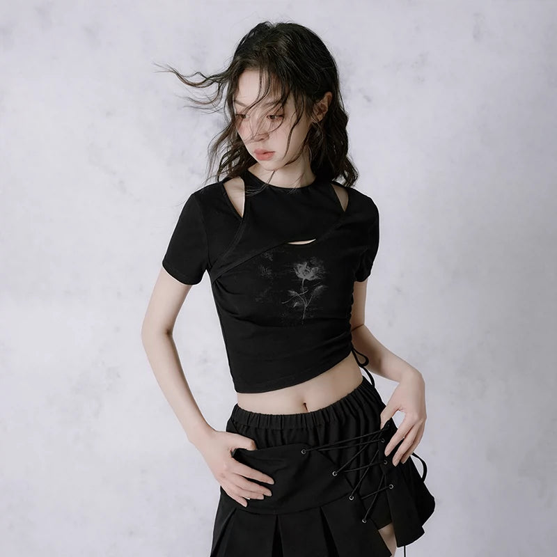 Broken Rose Off Shoulder Asymmetric T-shirt