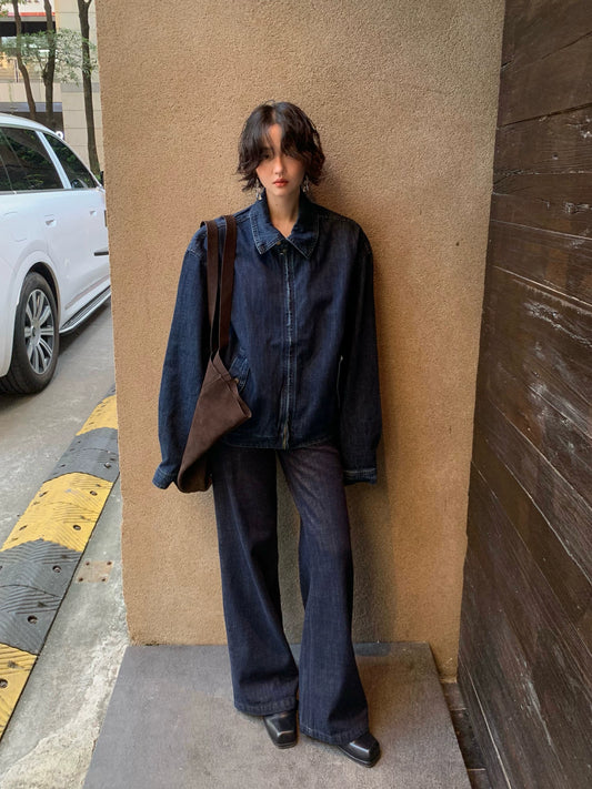 Wine afternoon Hong Kong style retro 2025 autumn new lapel zipper denim clothes with loose temperament short denim jacket for women