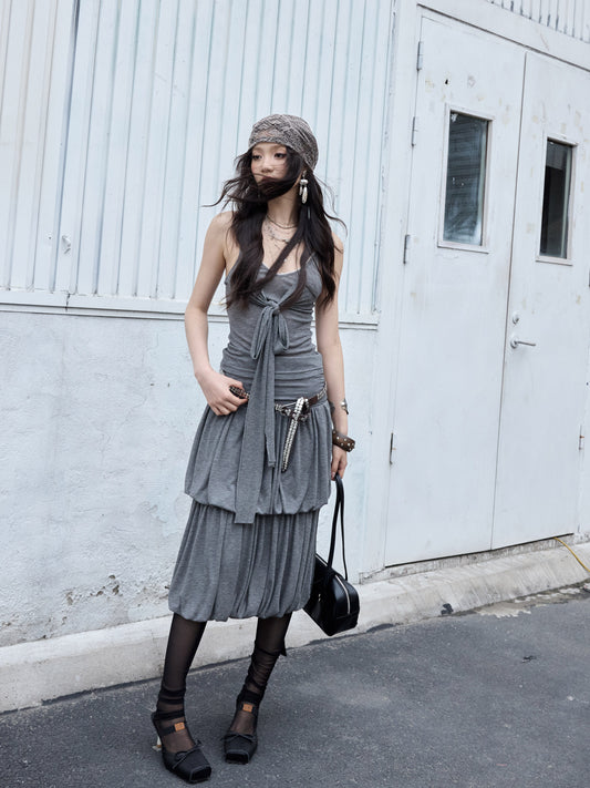 Pleated Balloon Knit Vest Dress | Lightweight Two-Piece Dress