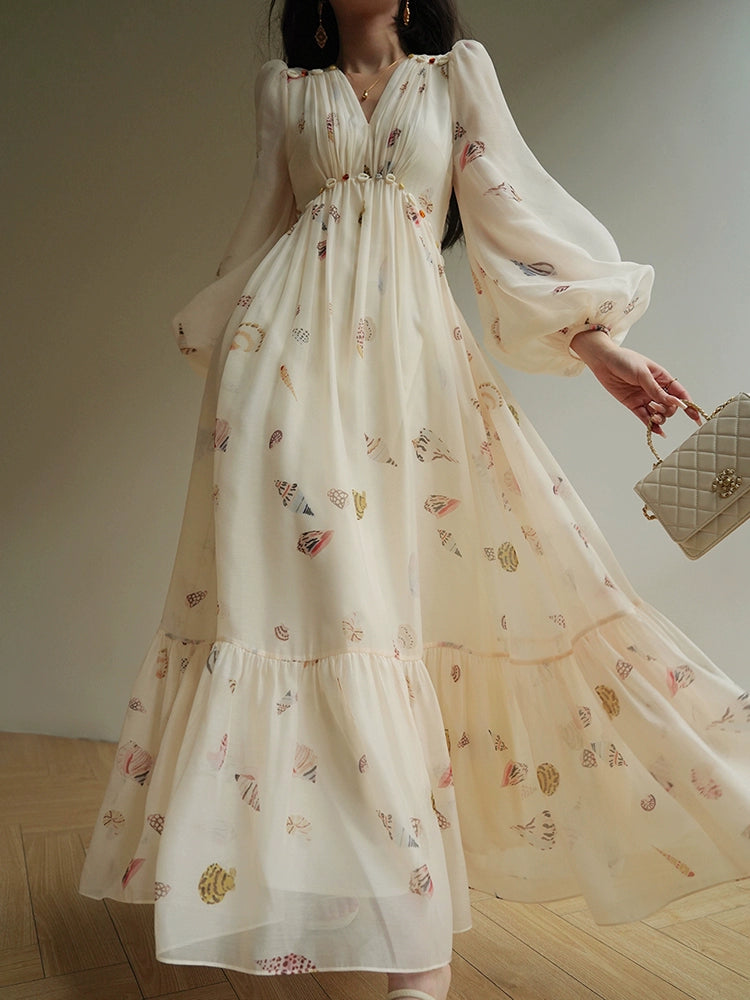 French Print Resort Maxi Dress – Elegant Swing Fit