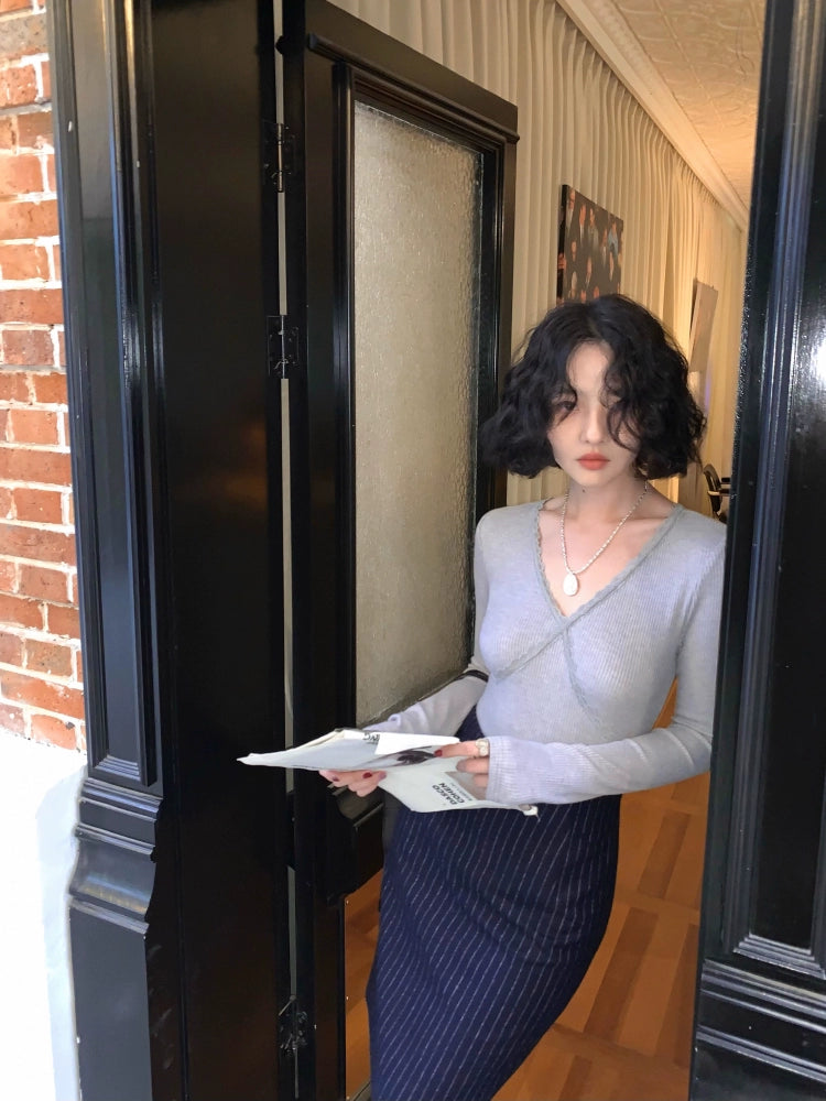 Striped Wool Brushed Skirt – Vintage High-Waisted Charm