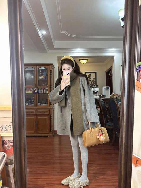 Grey Reversible Cashmere Coat – Chic Winter Cape with Scarf Collar