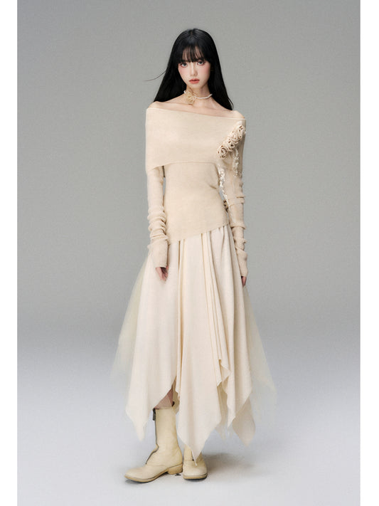 Heavy Mesh Gauze Skirt with Irregular High-Waist Design