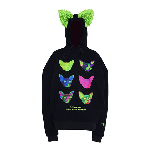 Sphinx Cat Ear Concept Electro Print Y3K Loose Hooded Sweatshirt