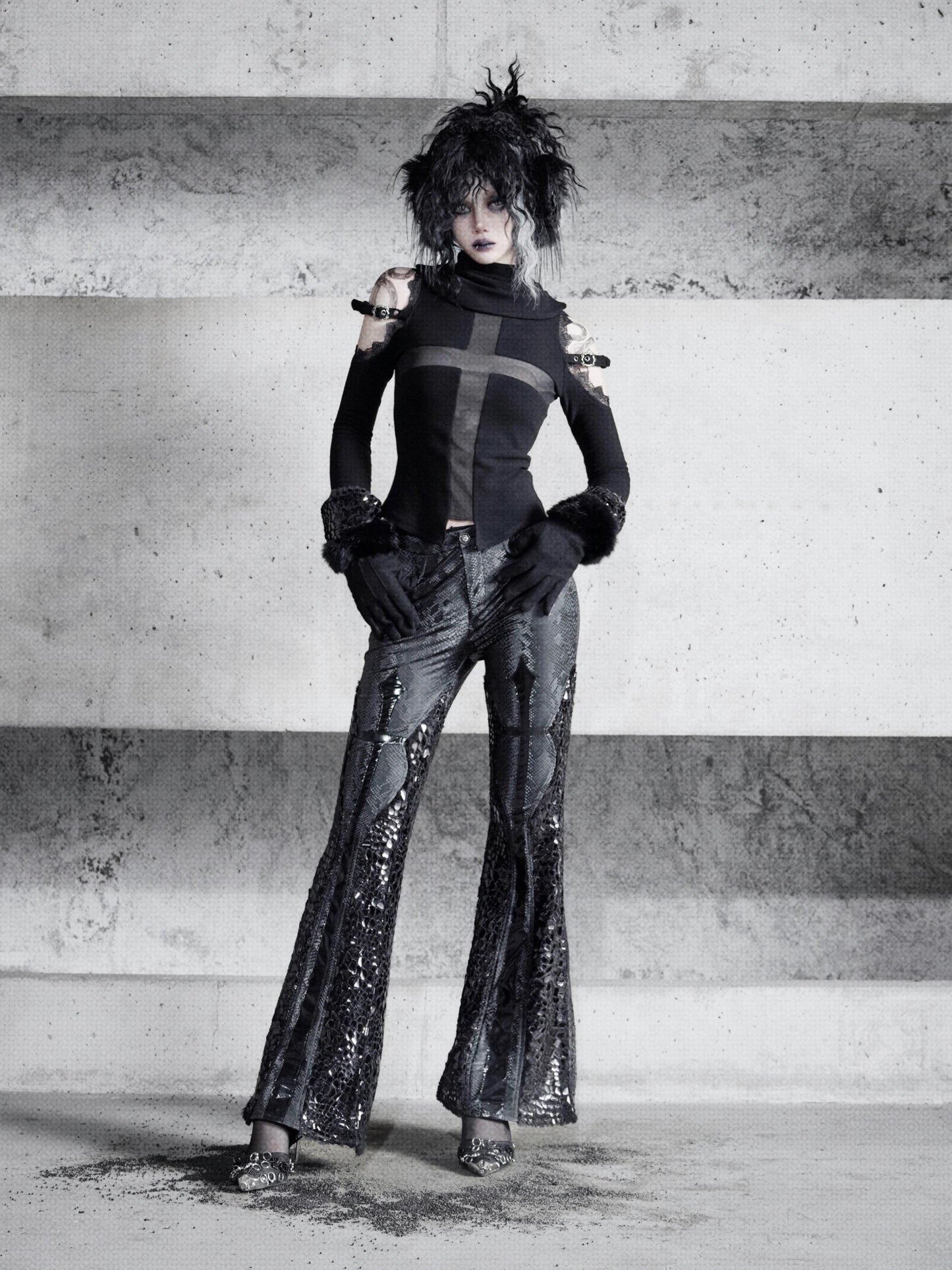 Gothic Patent Leather Flared Trousers – Slim Low-Waist Fit