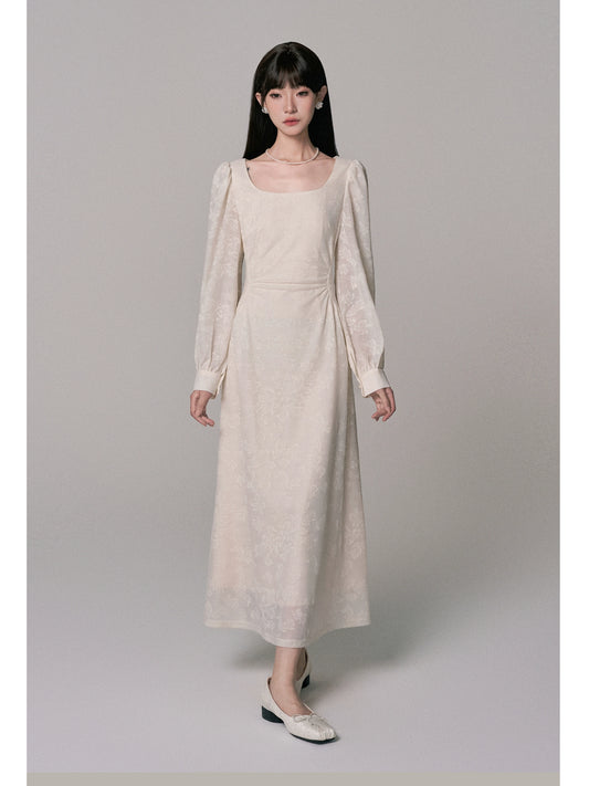 French U-Neck Puff Sleeve A-Line Long Dress for Women