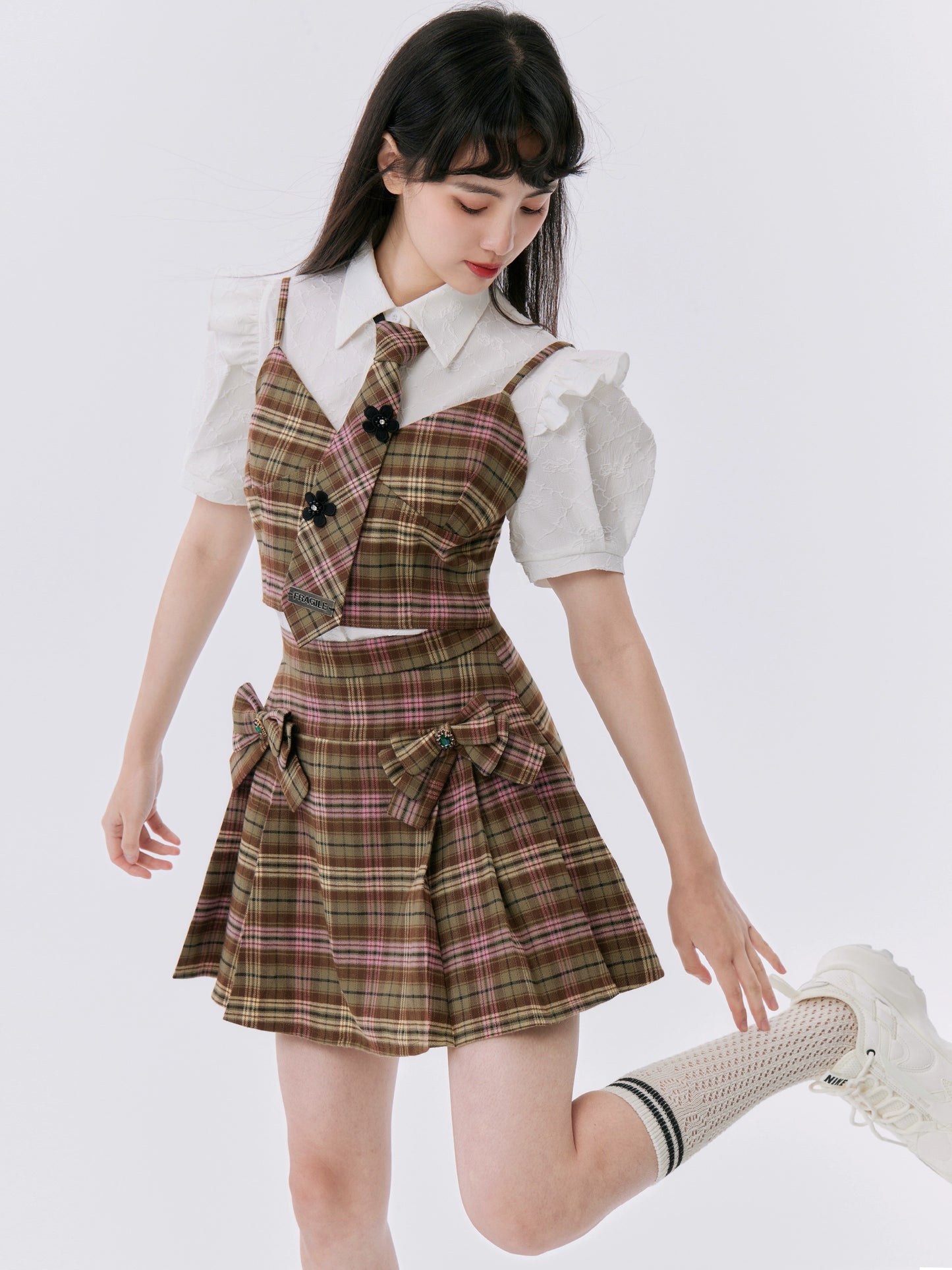 Brown Checkered Suit Short Skirt Three Piece Set