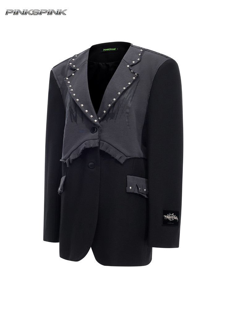 Black & Grey Studded Distressed Unisex Rock Suit Set