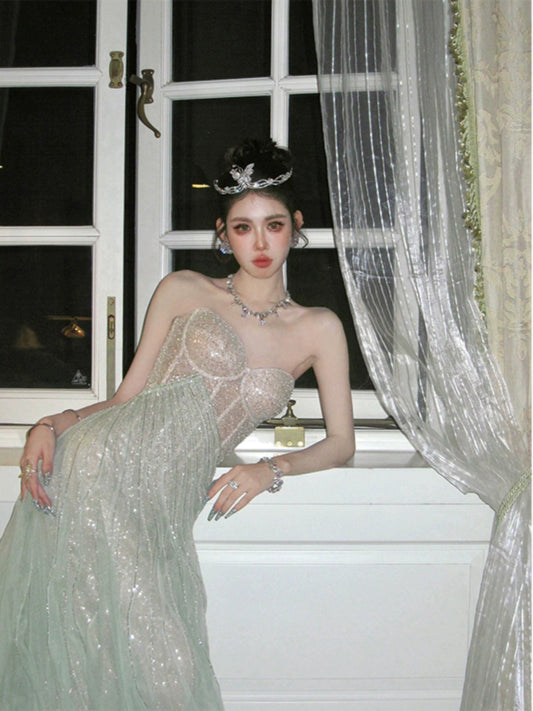 Fishbone One-Shoulder Gown – Luxe Bridal Birthday & Morning Robe Design