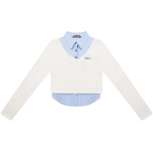 Haut à col en V en fausse laine deux pièces | Design rétro à manches longues épissé pour l'automne/hiver