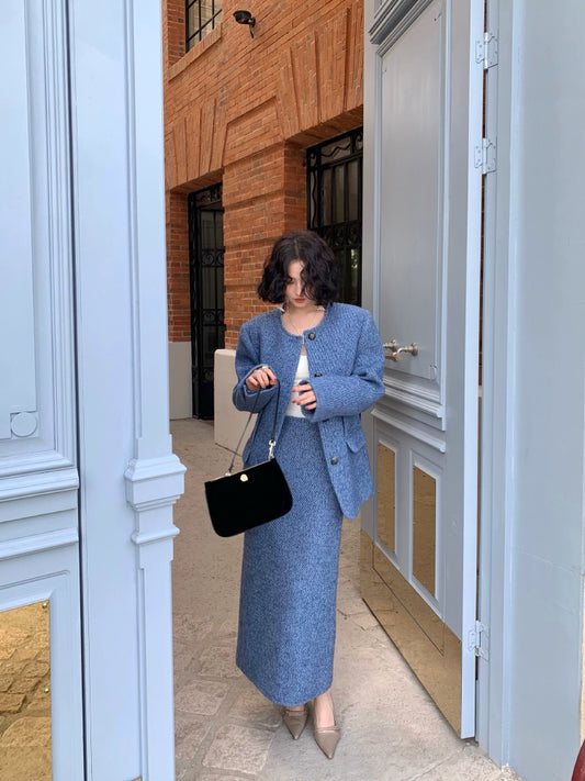 Two-Piece Wool Coat & Skirt Set – Chic Small Fragrance Design